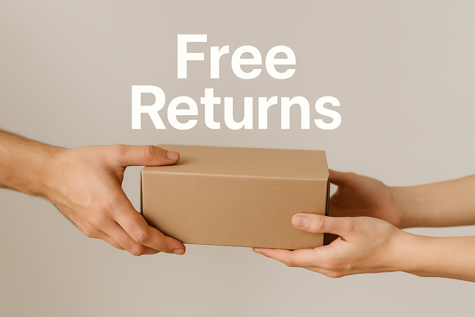 a persons hand handing another person a package with the text overlay Free Returns